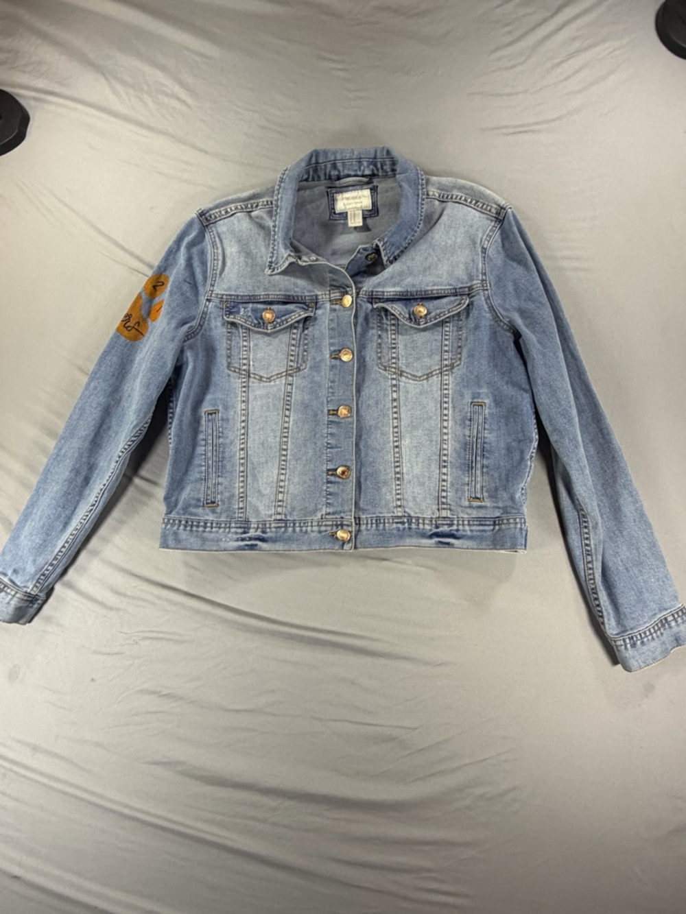 Forever 21 Women’s Blue Classic Denim Jacket Painted Tiger Accents paintedSize M